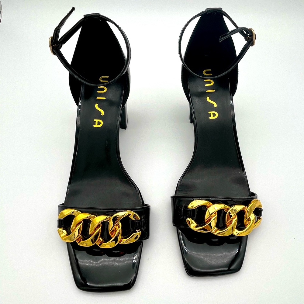 Unisa Black Parent Leather Chunky Sandal Heels Gold Chain Detail strappy 10